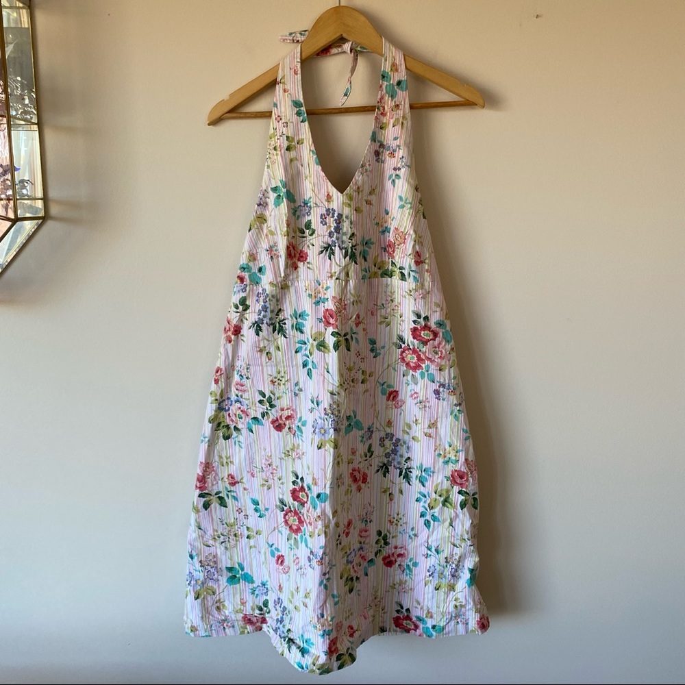 Floral Halter Midi Dress in White and Pink Stripes Size L